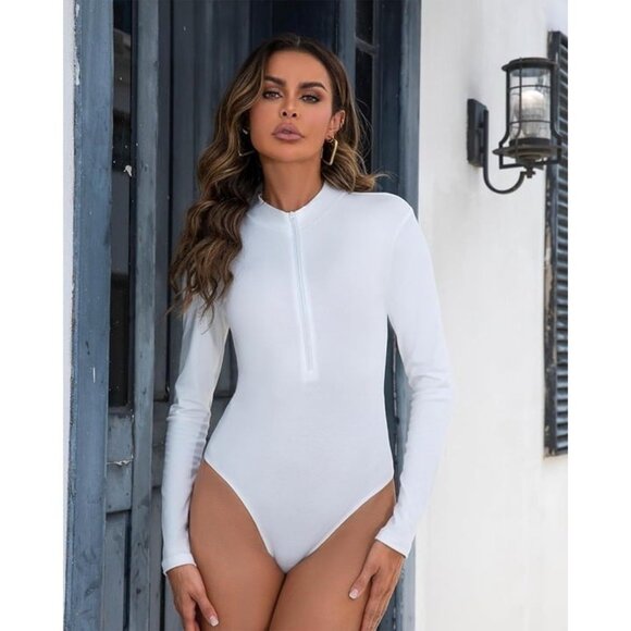 Women's Bodysuit Long Sleeve V Neck Zipper Medium - Picture 6 of 7